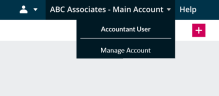 Screenshot showing the Manage Account menu option from the company drop-down list